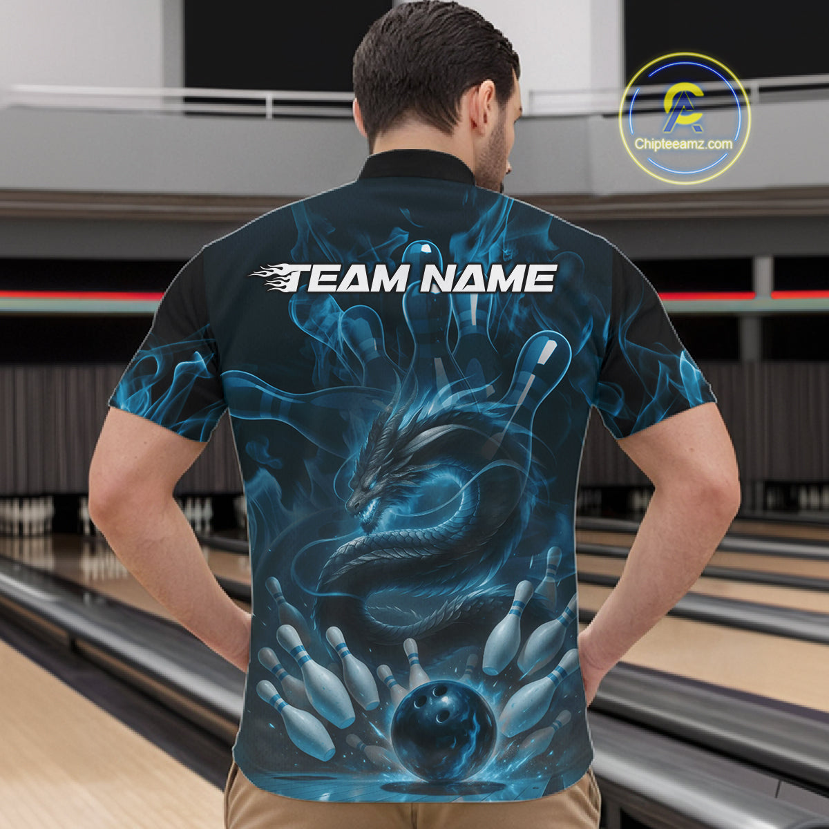 Custom Blue Flame Dragon Bowling Men Quarter-Zip Shirts, Dragon Bowling League Shirt IPHW10224