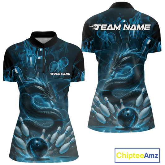 Custom Blue Flame Dragon Bowling Women Quarter-Zip Shirts, Dragon Bowling League Shirt IPHW10224