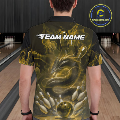 Custom Yellow Flame Dragon Bowling Men Polo Shirts, Dragon Bowling League Shirt IPHW10225