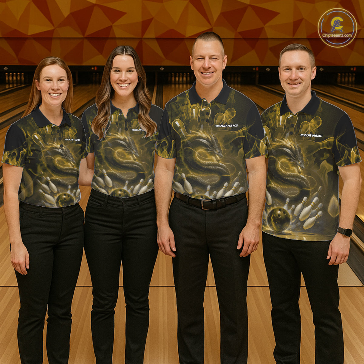 Custom Yellow Flame Dragon Bowling Men Polo Shirts, Dragon Bowling League Shirt IPHW10225