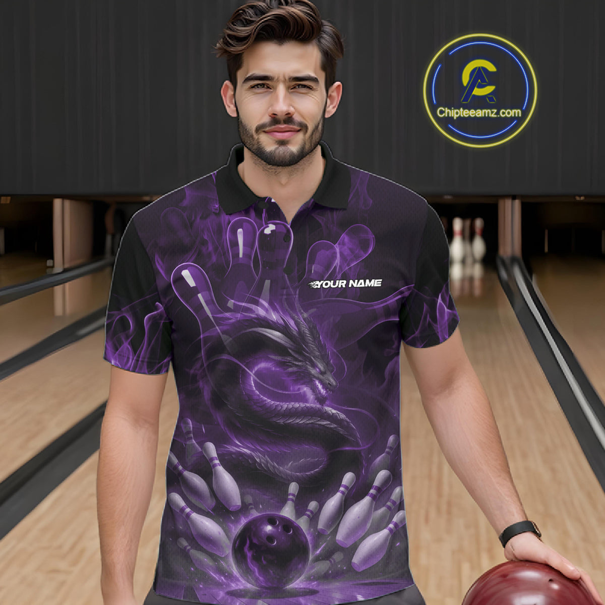 Custom Purple Flame Dragon Bowling Men Polo Shirts, Dragon Bowling League Shirt IPHW10227