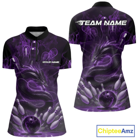 Custom Purple Flame Dragon Bowling Women Quarter-Zip Shirts, Dragon Bowling League Shirt IPHW10227