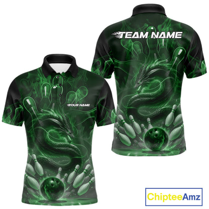 Custom Green Flame Dragon Bowling Men Polo Shirts, Dragon Bowling League Shirt IPHW10228