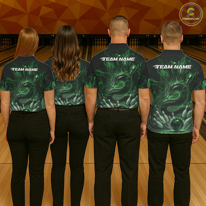 Custom Green Flame Dragon Bowling Men Polo Shirts, Dragon Bowling League Shirt IPHW10228