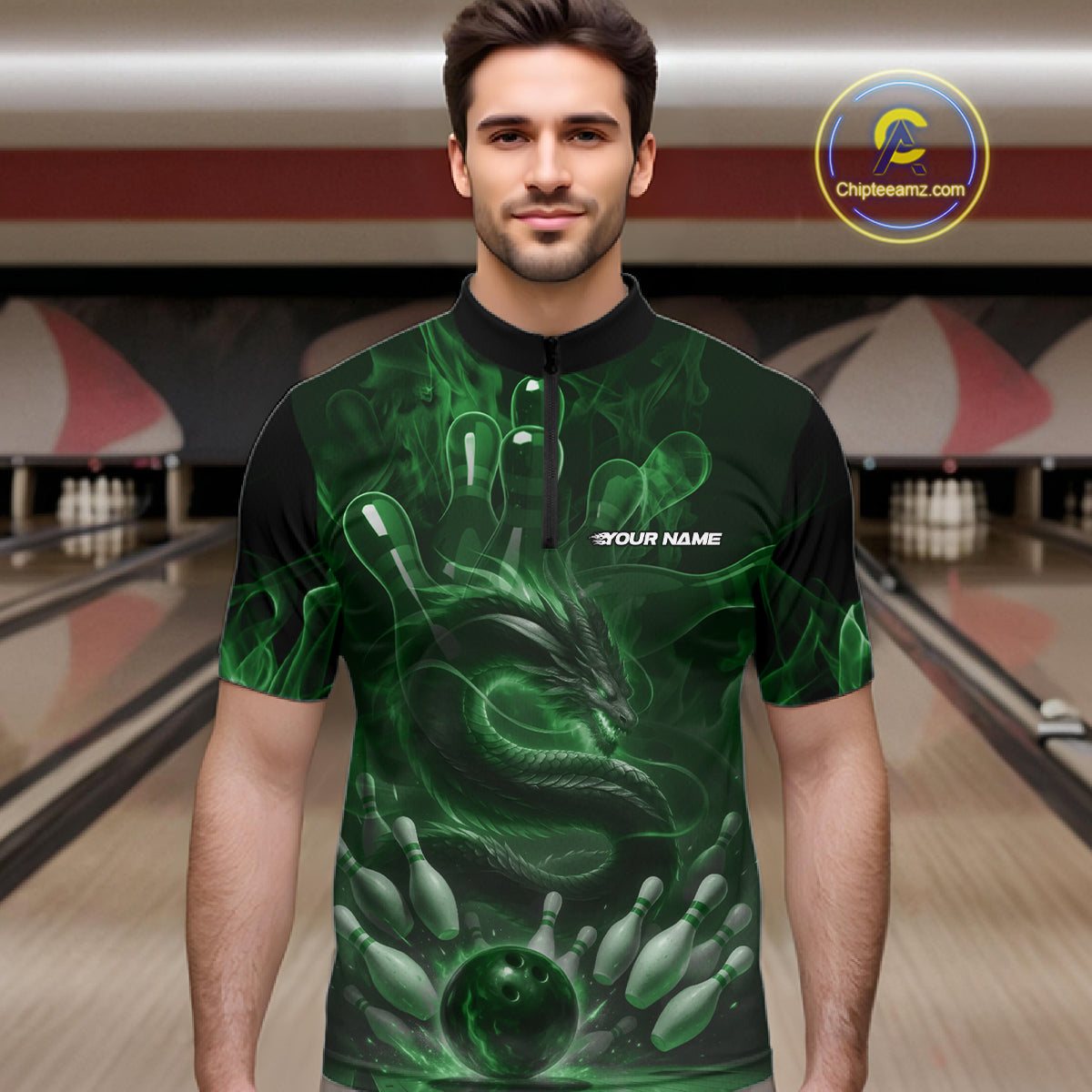 Custom Green Flame Dragon Bowling Men Quarter-Zip Shirts, Dragon Bowling League Shirt IPHW10228