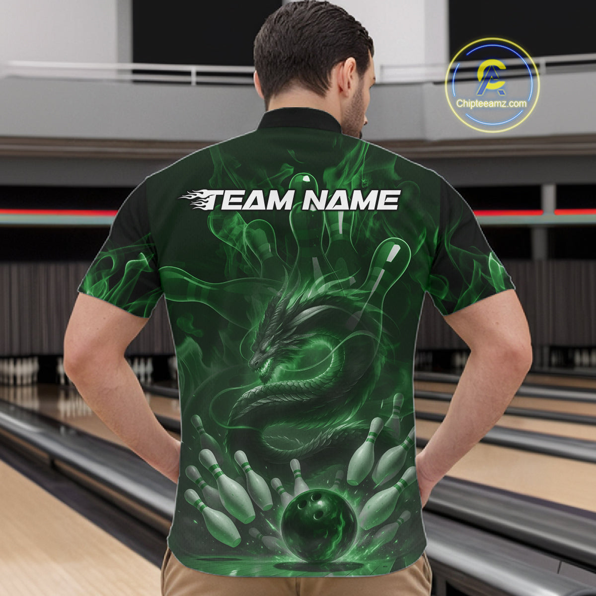 Custom Green Flame Dragon Bowling Men Quarter-Zip Shirts, Dragon Bowling League Shirt IPHW10228
