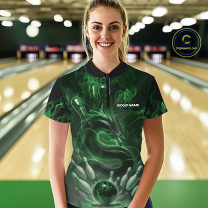 Custom Green Flame Dragon Bowling Women Quarter-Zip Shirts, Dragon Bowling League Shirt IPHW10228