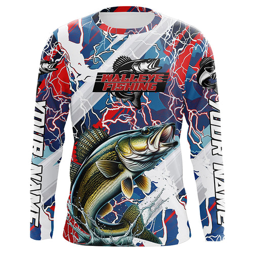 Red, White And Blue Lightning Camo Custom Walleye Long Sleeve Tournament Fishing Shirts IPHW6028