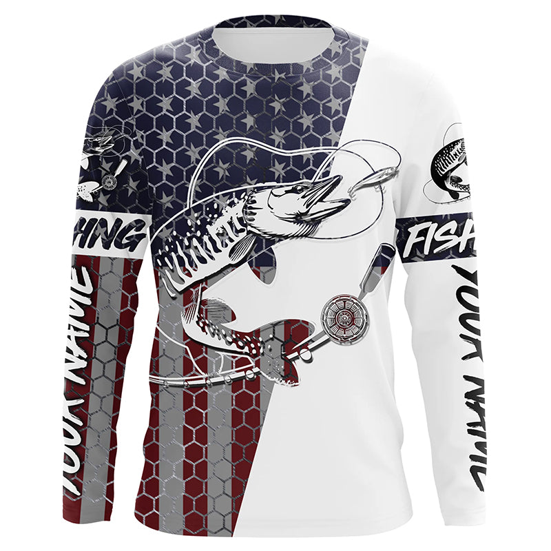 Custom Musky Fishing American Flag Shirts, Patriotic Musky Long Sleeve Fishing Jerseys IPHW6292