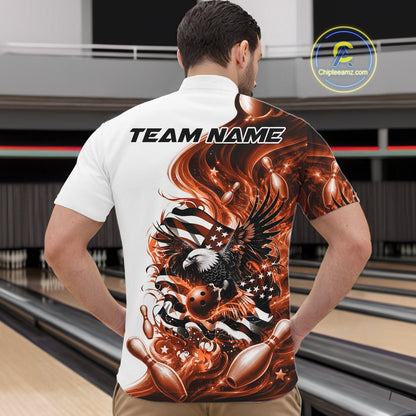 Male model front view at the bowling lane wearing a white and orange bowling quarter zip shirt with eagle artwork and flag inspired accents.