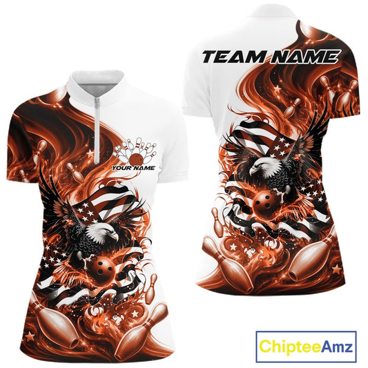 Front and back white and orange women’s bowling quarter zip mockup with eagle artwork, bowling elements, and flowing flag inspired graphics.