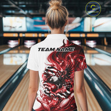 Load image into Gallery viewer, Back view of a female model in a bowling lane wearing a white and red quarter zip shirt with eagle artwork and flag inspired accents.