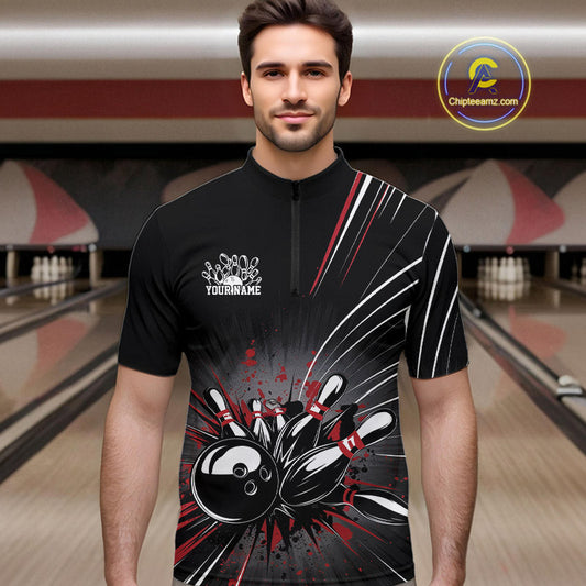 Custom Black And Red Grunge Bowling Team Jerseys, Men Bowling Quarter-Zip Shirts IPHW9620