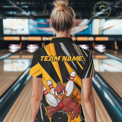 Custom Turkey Ladies Bowling Shirts, Yellow Thanksgiving Bowling Shirt Team Fall Outfits IPHW7661