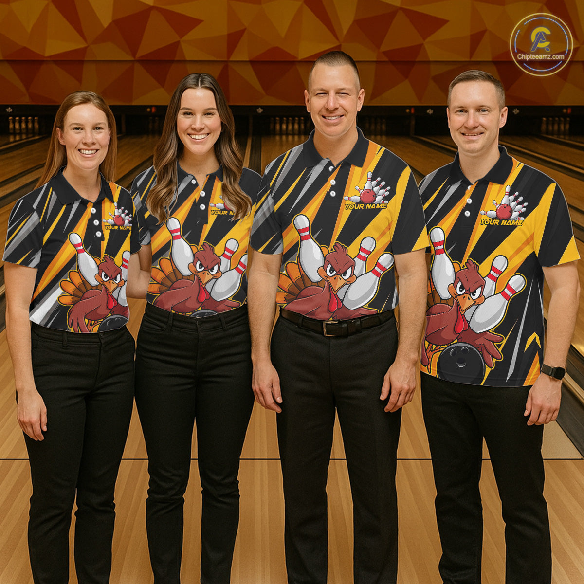 Custom Turkey Ladies Bowling Shirts, Yellow Thanksgiving Bowling Shirt Team Fall Outfits IPHW7661