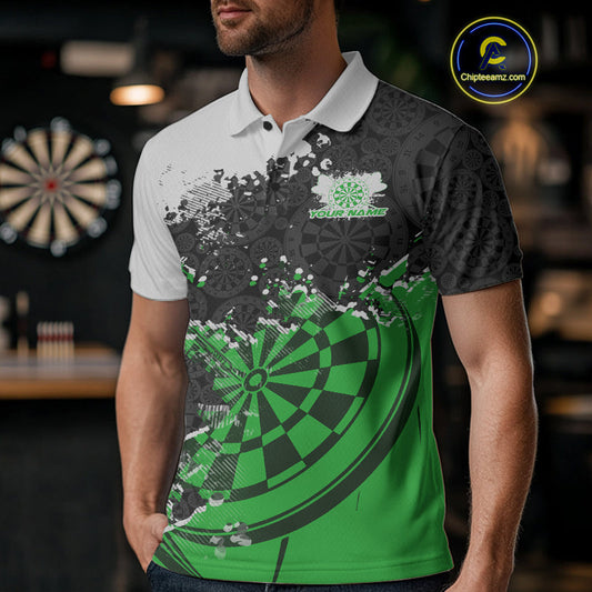 Custom Black And Green Dartboard Dart Team Men Polo Shirt, Dartboard Pattern Dart Jerseys IPHW9990