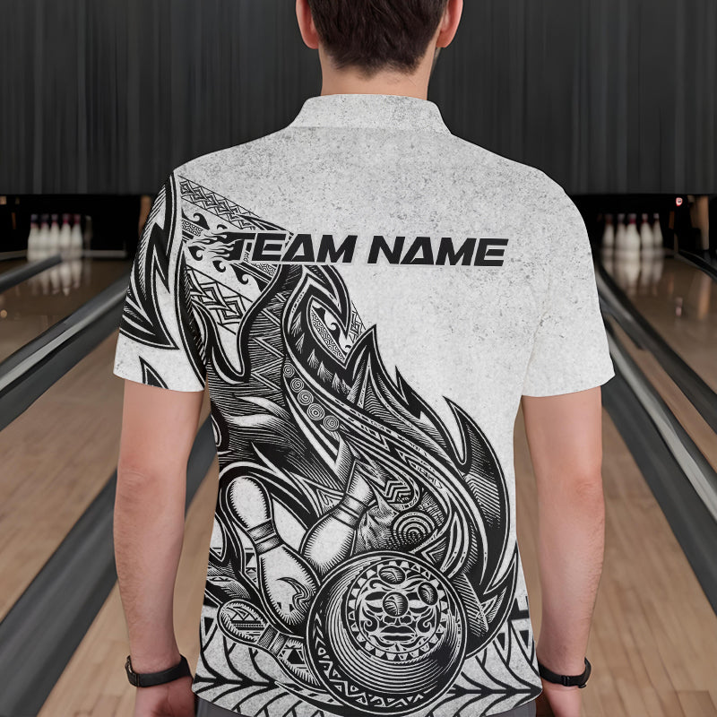 Custom Grunge Black And Gray Tribal Flame Polynesian Bowling Team Polo Shirts For Men IPHW8804