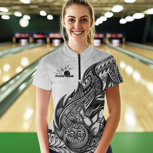 Custom Grunge Black And Gray Tribal Flame Polynesian Bowling Team Womens Quarter-Zip Shirts IPHW8804