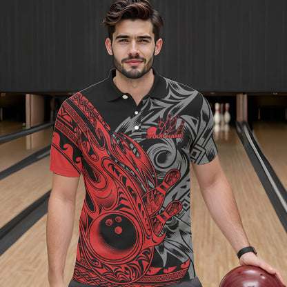 Custom Black And Red Flame Tribal Polynesian Bowling Men Polo Shirts, Bowling Team Uniform IPHW8807