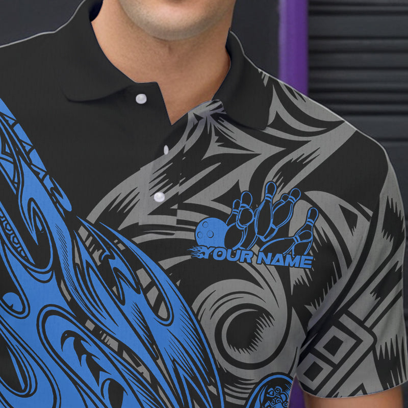 Custom Black And Blue Flame Tribal Polynesian Bowling Men Polo Shirts, Bowling Team Uniform IPHW8808