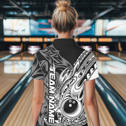 Custom Black And White Flame Tribal Polynesian Bowling Women Polo Shirts, Team Uniform IPHW8809