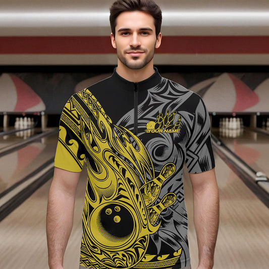Custom Black And Yellow Flame Tribal Polynesian Bowling Men Quarter-Zip Shirt, Bowling Team Uniform IPHW8810
