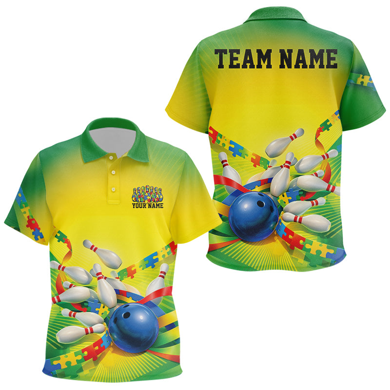 Kids green and yellow polo shirt mockup showing autism puzzle bowling ball and pins design in clean front and back views