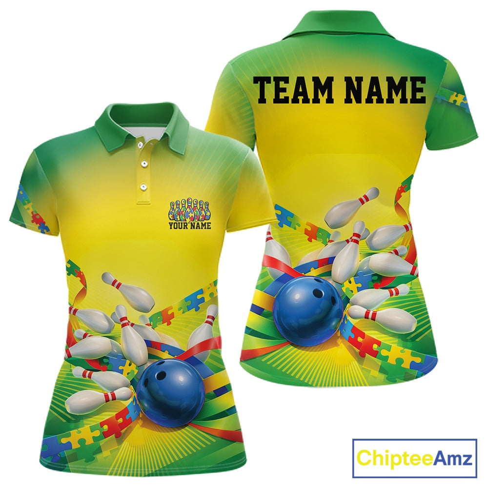 Women’s polo shirt mockup front and back featuring autism puzzle bowling ball and pins artwork in green and yellow color scheme
