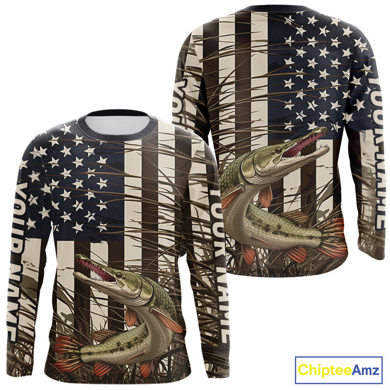 Custom Patriotic Vintage US Flag Alligator Gar Long Sleeve Tournament Fishing Shirts IPHW9297