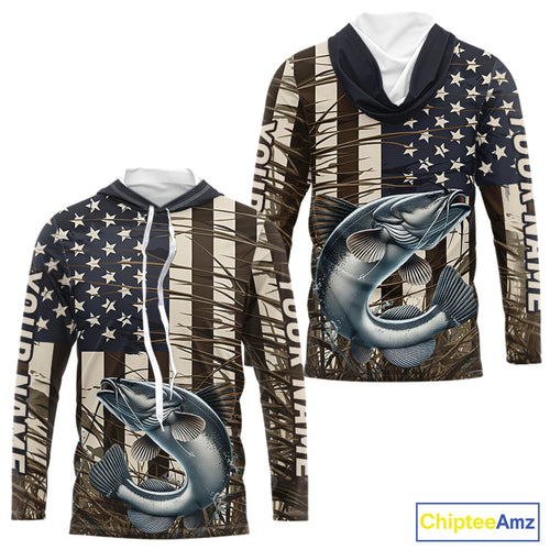 Custom Patriotic Vintage US Flag Catfish Long Sleeve Hooded Tournament Fishing Shirts IPHW9298