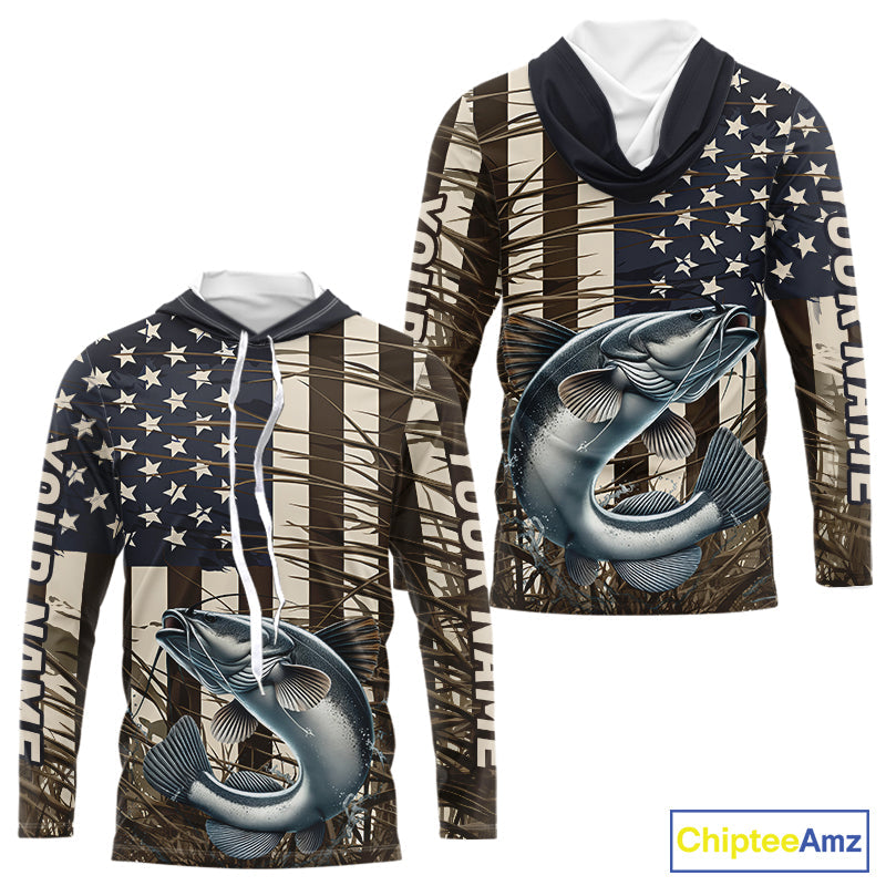 Custom Patriotic Vintage US Flag Catfish Long Sleeve Hooded Tournament Fishing Shirts IPHW9298