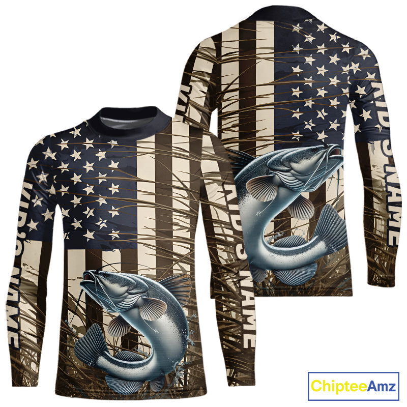 Custom Patriotic Vintage US Flag Catfish Kid Long Sleeve Tournament Fishing Shirts IPHW9298