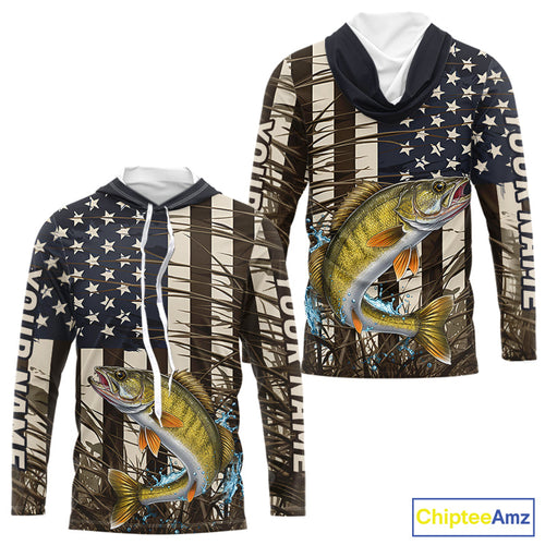 Custom Patriotic Vintage US Flag Walleye Long Sleeve Hooded Tournament Fishing Shirts IPHW9299