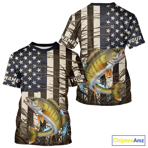 Custom Patriotic Vintage US Flag Walleye Tournament Fishing T-Shirts IPHW9299