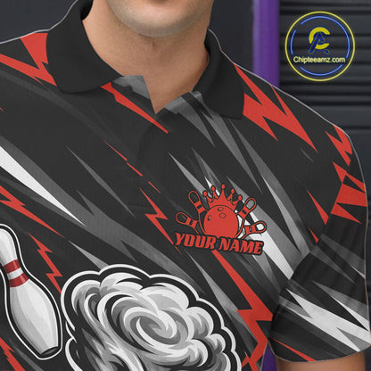 Custom Black And Red Storm Thunnder Lightning Bolts Bowling Team Men Polo Shirt IPHW11807