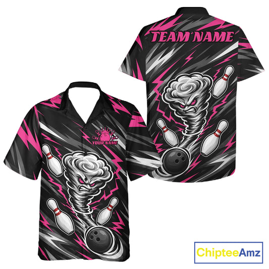 Custom Black And Pink Storm Thunnder Lightning Bolts Bowling Team Men And Women Button Up Shirt IPHW11808