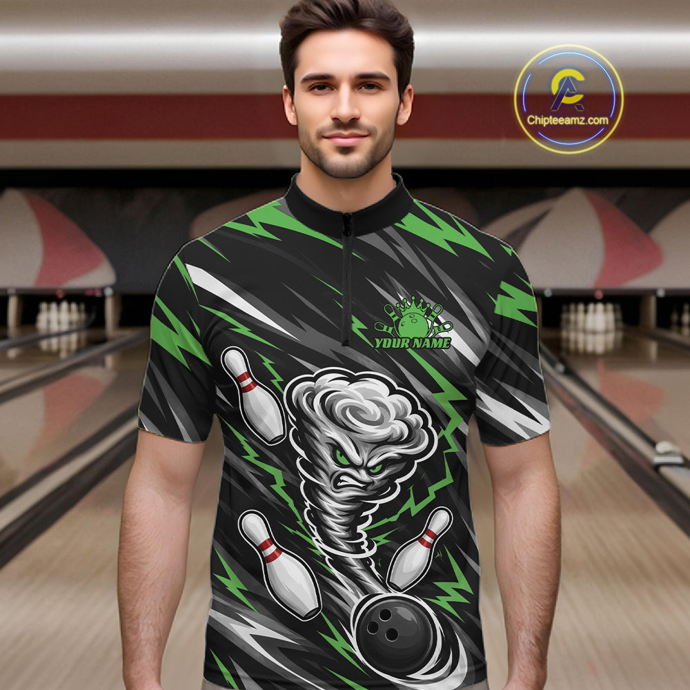 Custom Black And Green Storm Thunnder Lightning Bolts Bowling Team Men Quarter Zip Shirt IPHW11809