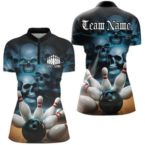 Black And Blue Custom Skull Ladies Bowling Shirts, Gothic Bowling Team Halloween Outfits IPHW7674