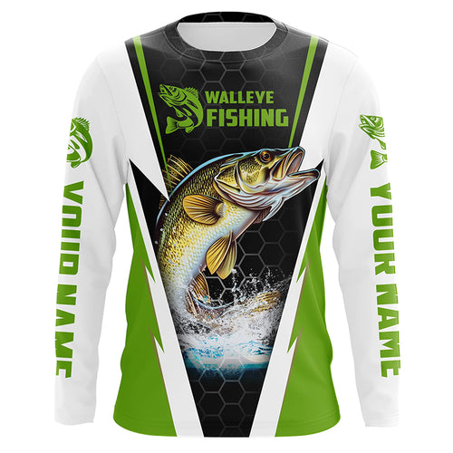 Custom Walleye Fishing Jerseys, Walleye Long Sleeve Tournament Fishing Shirts | Green IPHW5715