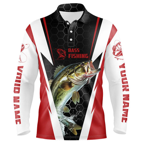 Custom Bass Fishing Jerseys, Bass Fishing Team Long Sleeve Polo Shirts | Red IPHW5725