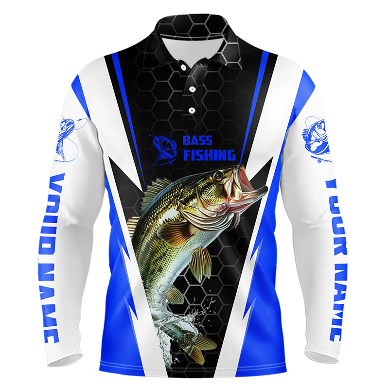 Personalized Bass Fishing Jerseys, Bass Fishing Long Sleeve Polo Fishing Tournament Shirts | Blue IPHW5726