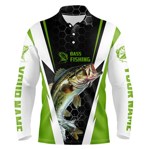 Personalized Bass Fishing Jerseys, Bass Fishing Long Sleeve Polo Fishing Tournament Shirts | Green IPHW5727