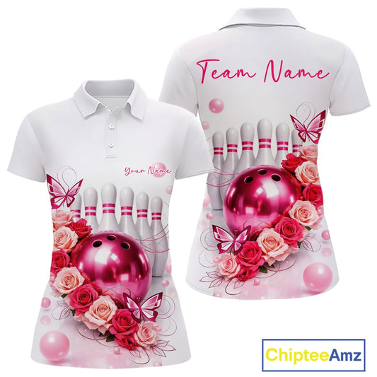 Custom Red And Pink Roses With Butterfly Bowling Polo Shirt For Women, Ladies Outfit IPHW10892