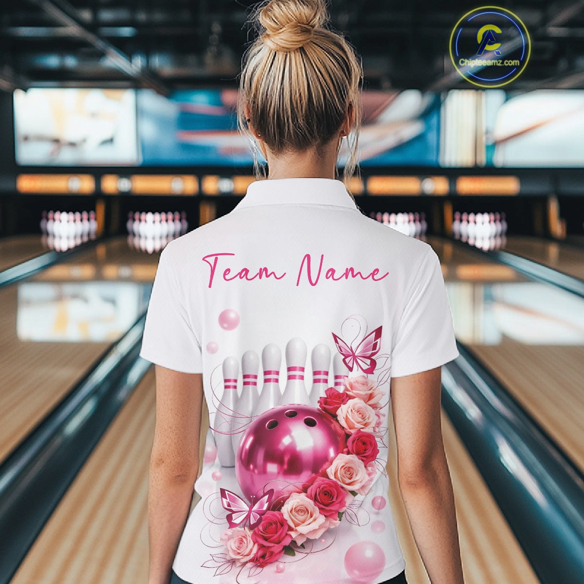 Custom Red And Pink Roses With Butterfly Bowling Polo Shirt For Women, Ladies Outfit IPHW10892
