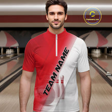 Load image into Gallery viewer, Male model front view at the bowling lane wearing a bowling quarter zip shirt with bowling ball and pins across a red and white diagonal layout.