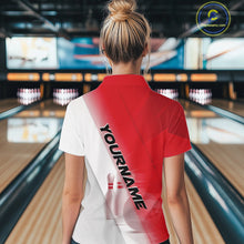 Load image into Gallery viewer, Back view female model in a bowling lane wearing a quarter zip shirt with bowling ball and pins across a red and white diagonal layout.