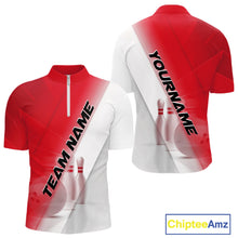 Load image into Gallery viewer, Front and back men’s bowling quarter zip shirt mockup with bowling ball and pins artwork in a red and white diagonal layout.