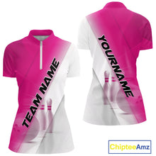 Load image into Gallery viewer, Front and back women’s bowling quarter zip mockup featuring bowling ball and pins graphics within a pink and white diagonal layout.