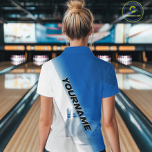 Load image into Gallery viewer, Back view of a female model at the bowling lane wearing a quarter zip shirt with bowling ball and pins across a blue and white diagonal layout.