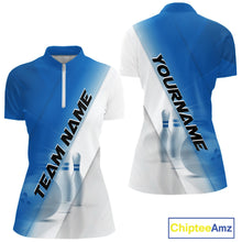 Load image into Gallery viewer, Front and back women’s bowling quarter zip mockup with bowling ball and pins artwork in a blue and white diagonal layout.